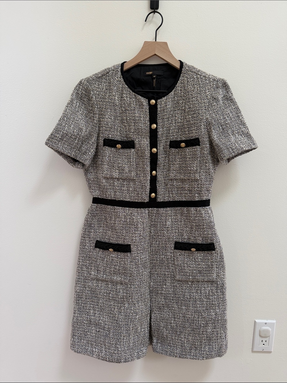 Maje Tweed Short-Sleeve Romper with Black Trim